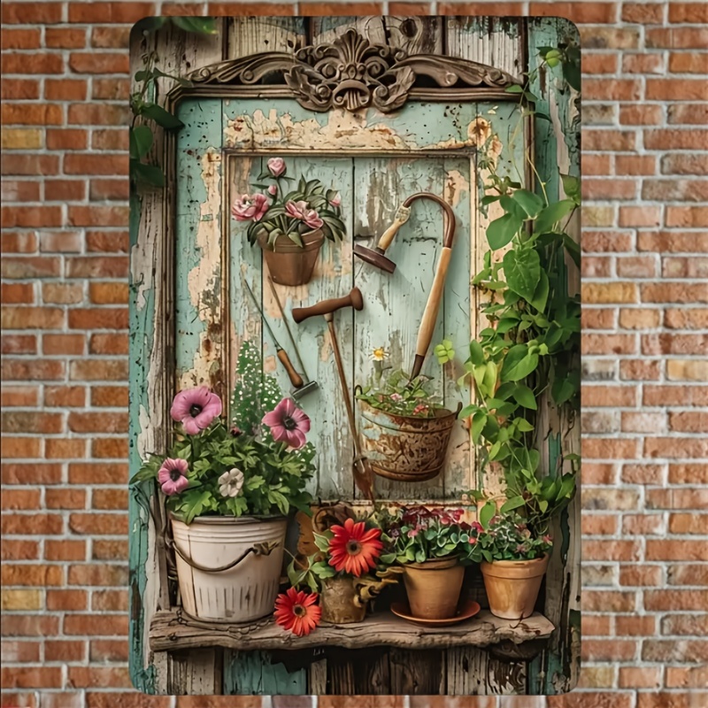 Home Office With Library - Vintage Metallschild mit Blumenmuster, ländliche Gartenszene