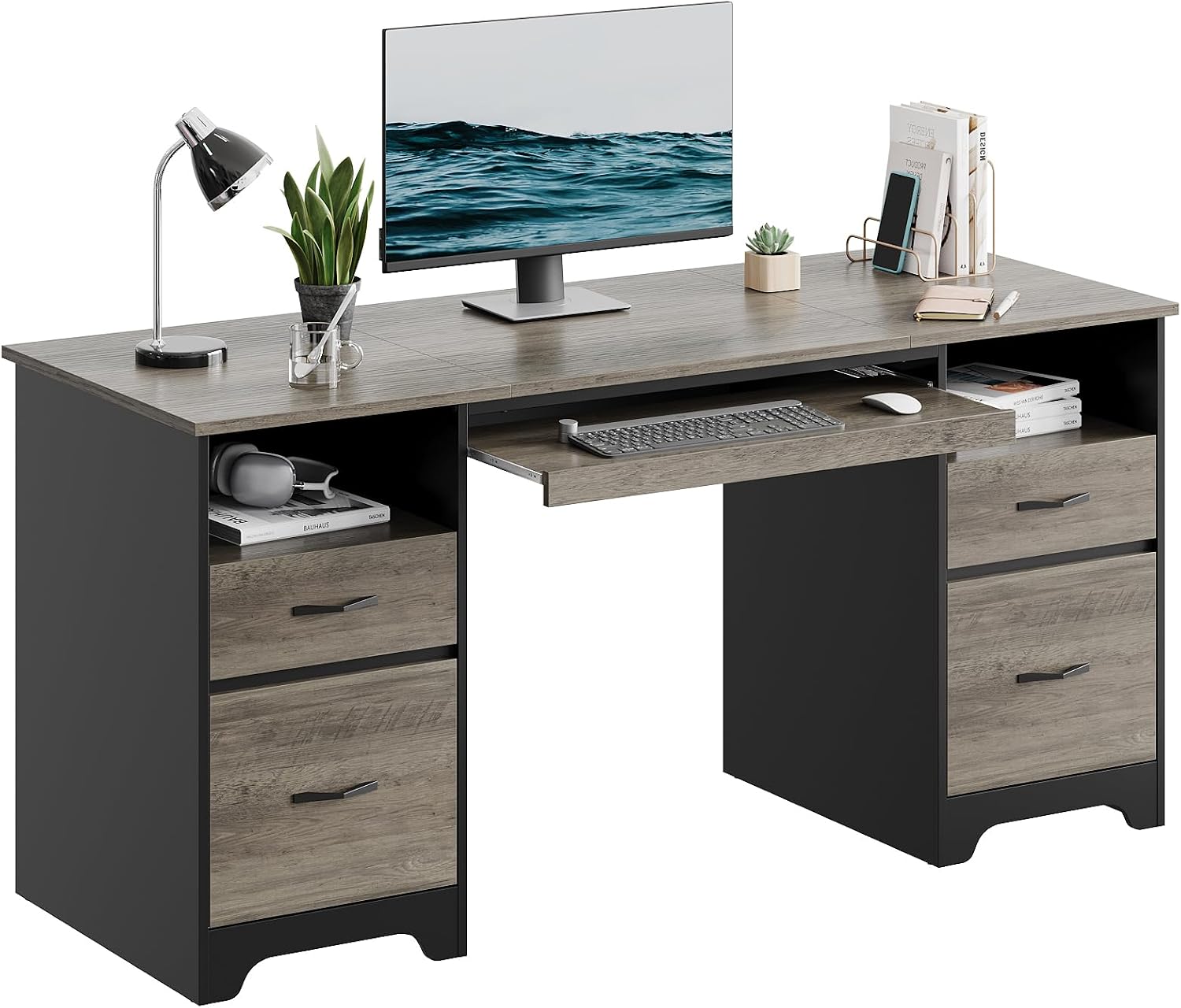 Home Office With Two Desks - Executive-Computertisch mit vier Schubladen, ausziehbarer Tastaturablage,