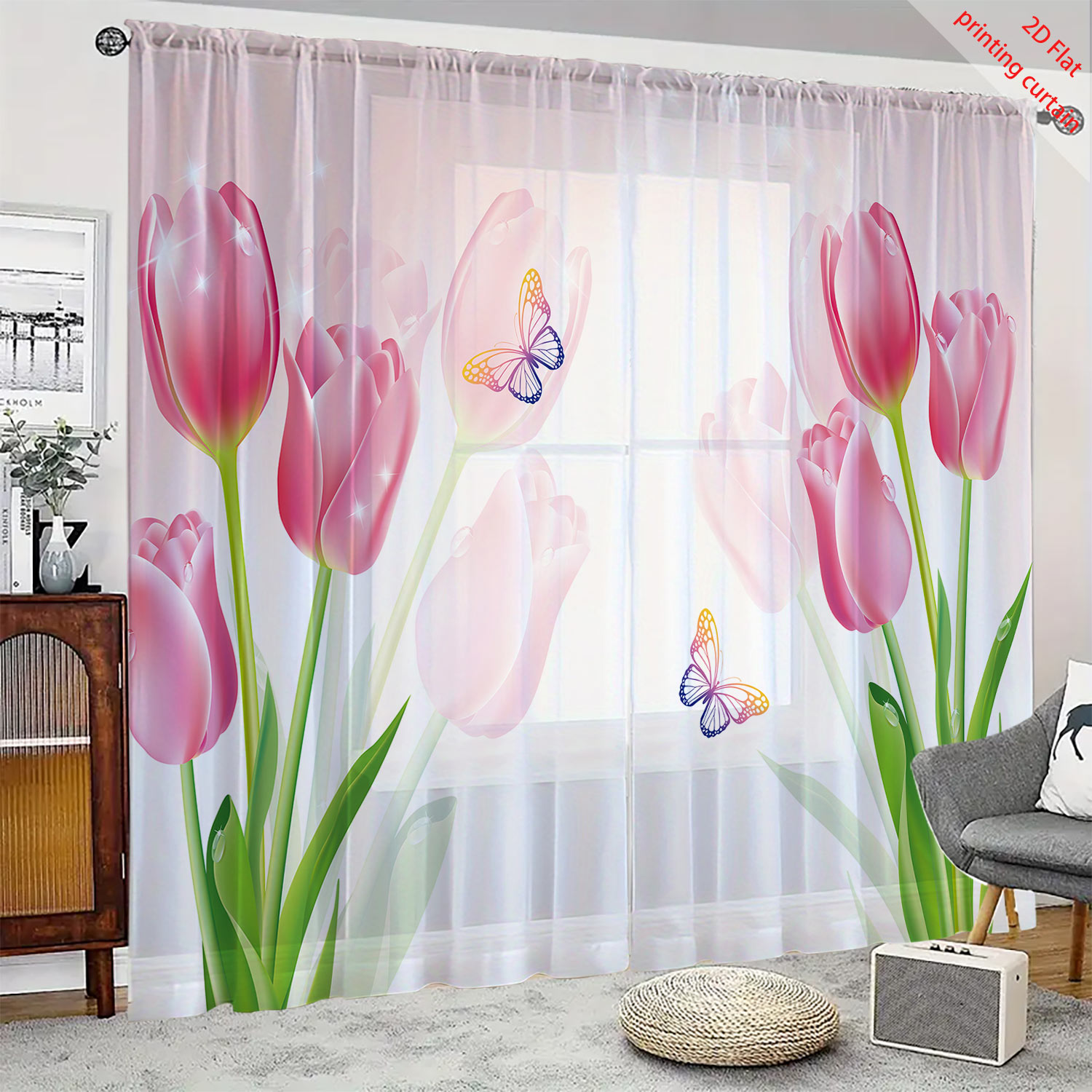 Home Office Windows - Transparenter Gazevorhang mit rosa Tulpenmuster, romantische