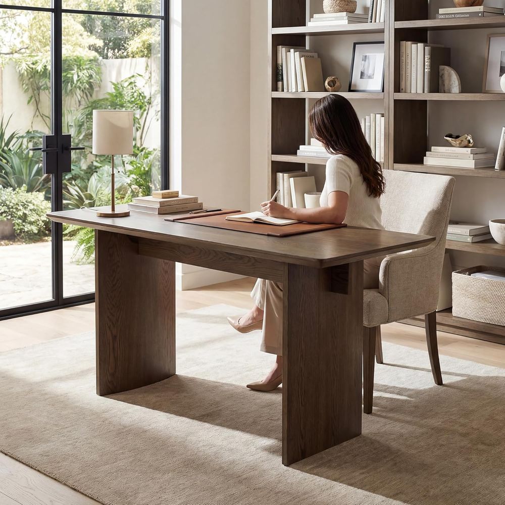 Home Office With Two Desks - Geräumiger 55-Zoll-Schreibtisch aus Naturwalnussholz mit zwei