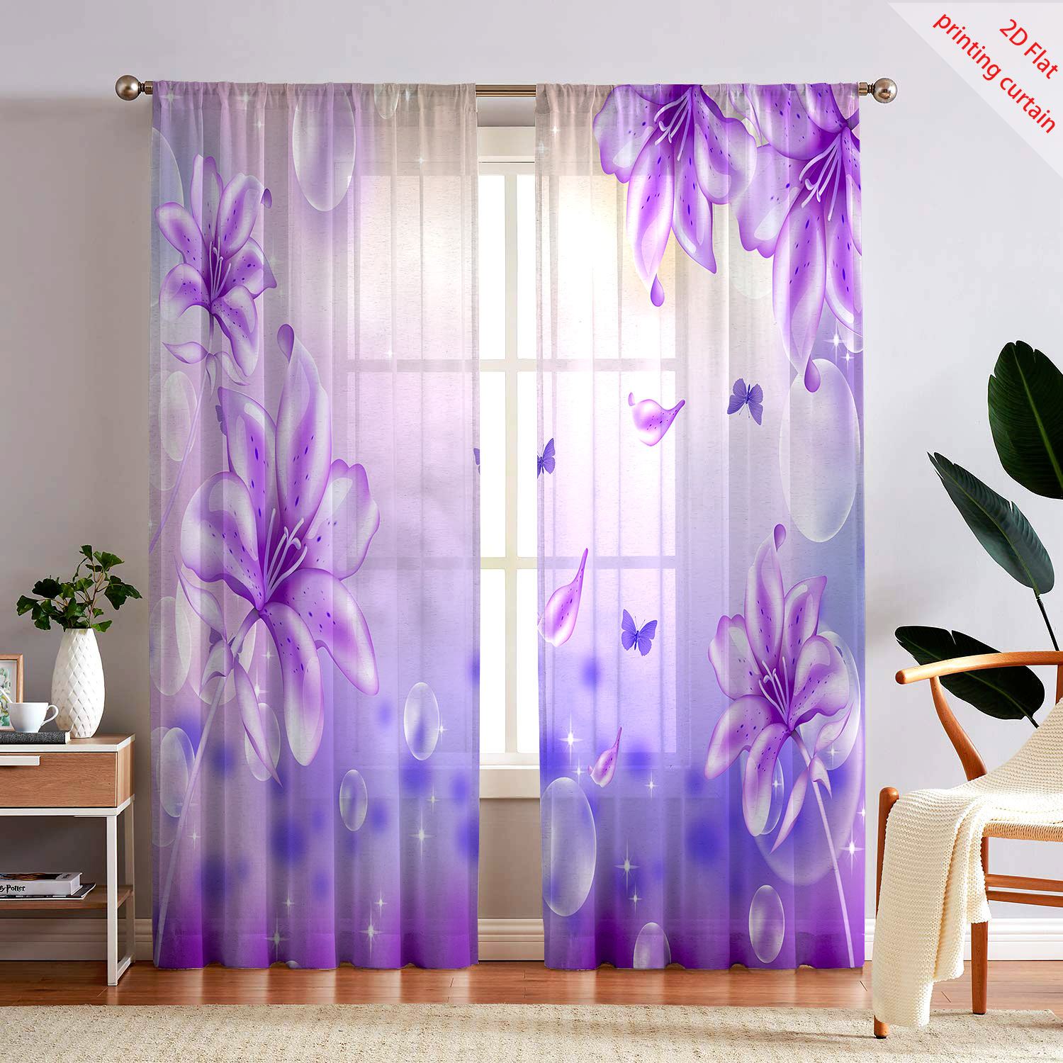 Home Office Windows - Lila Blumen Bedruckter Transparenter Gazevorhang Romantische
