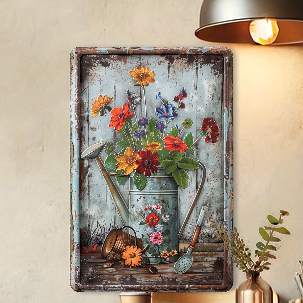 Home Office With Library - Retro-Schild aus Metallblech mit Blumenmuster –